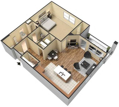 Floor plan for 1 bed, 1 bath, 843 sqft
